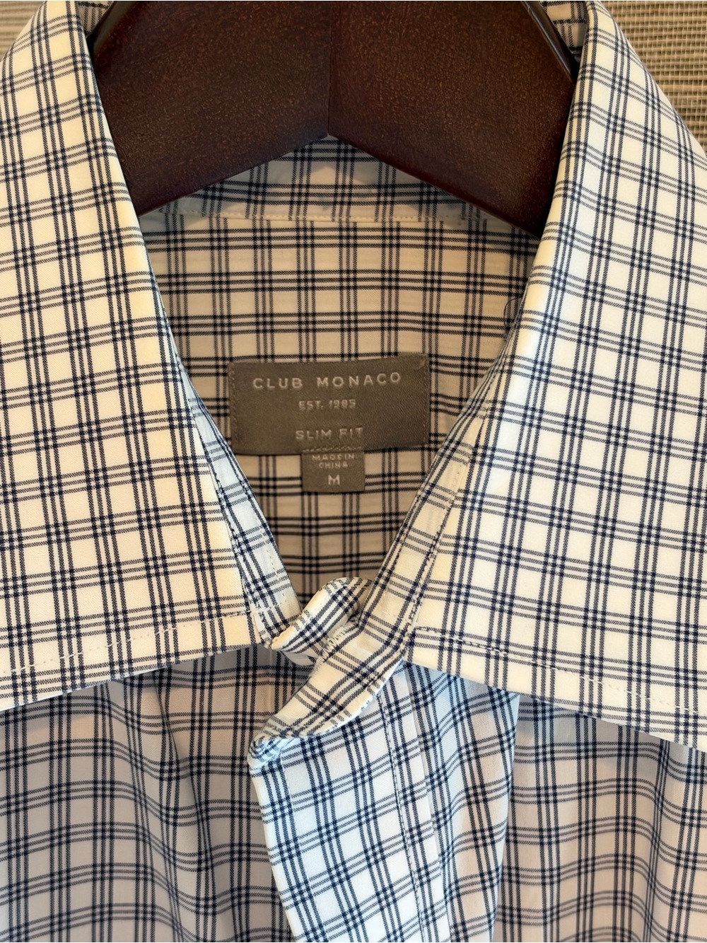 Club Monaco Navy and White Slim Fit Check Dress Shirt